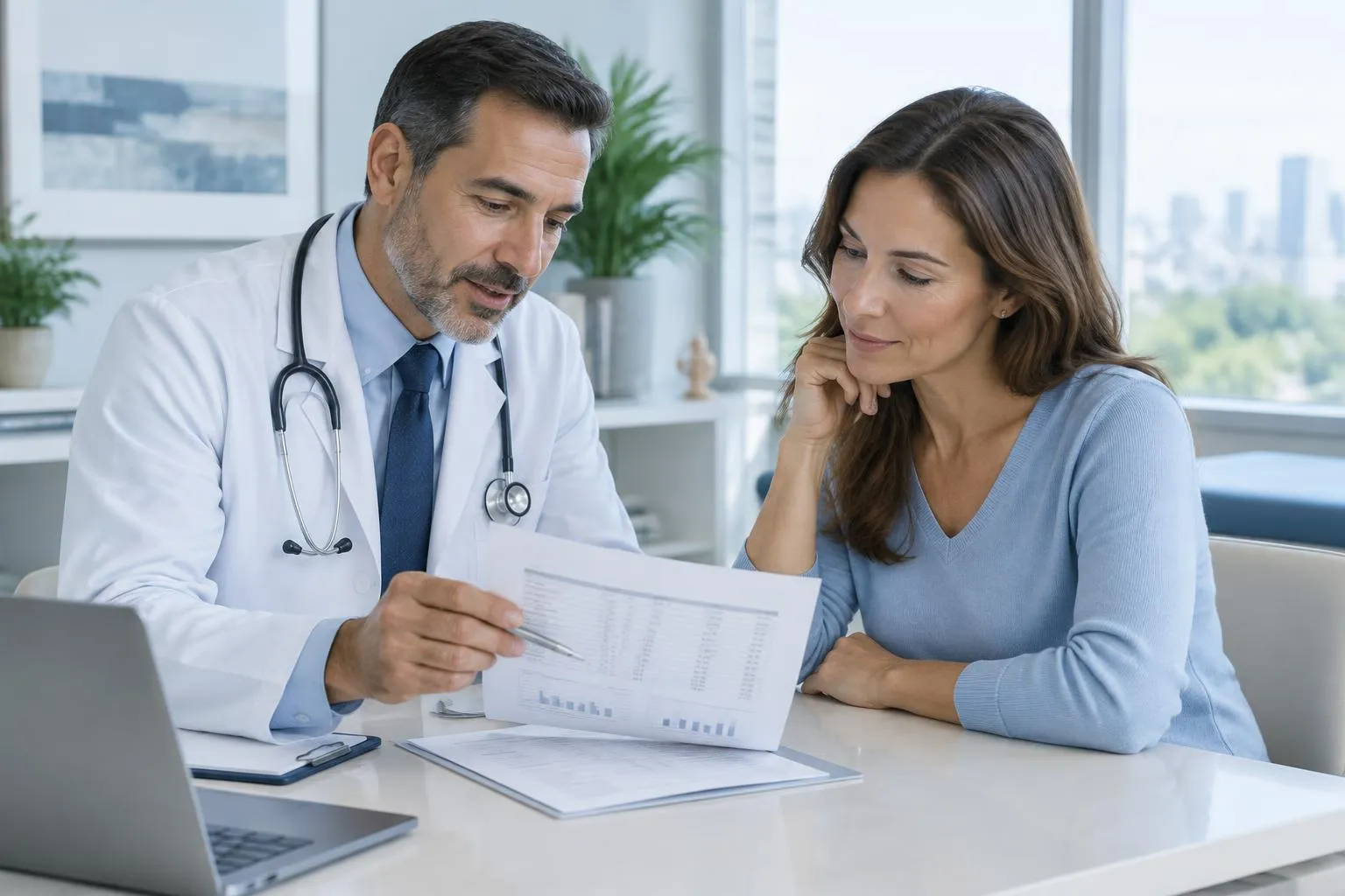 Physician and patient reviewing printed lab results together during a consultation