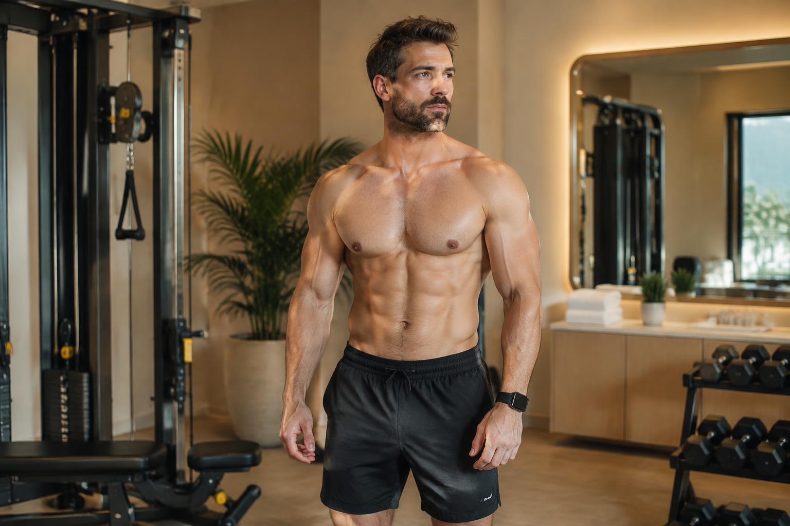 Muscular man with a defined physique standing in an upscale wellness clinic gym